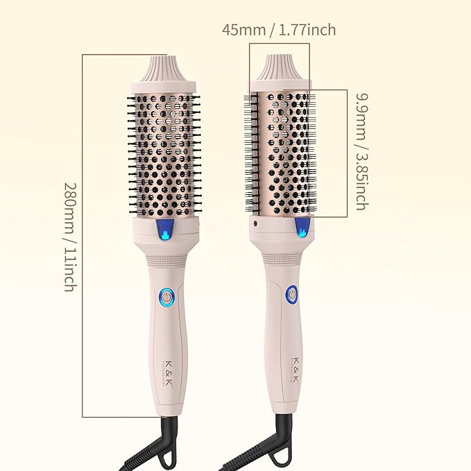 K&K 1.77 inch Volumizing Brush Heated Curling Ceramic Tourmaline Ionic Curling Iron Quick Heating Makes Hair Silky Smooth Dual Voltage Travel-Friendly Straightening Round Design (Pale pink, 1.77 Inch)