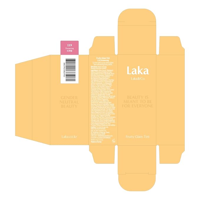 Laka Fruity Glam Tint, 4.5g/0.15oz, Glowing Lip Stain with Wide Color Spectrum, Hydrating & Lightweight Texture, Buildable Color, Non-Sticky, Vegan, K-Beauty (#119 Dreaming)
