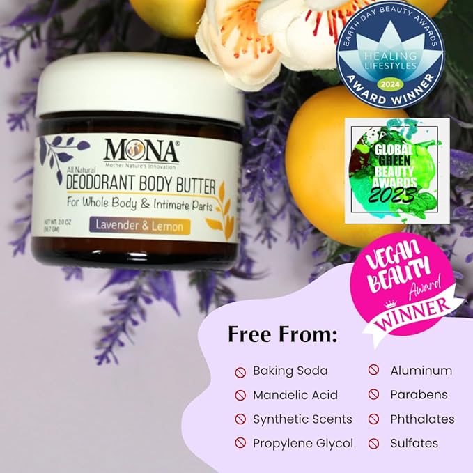 MONA BRANDS All Natural Deodorant Body Butter for Whole Body & Intimate Parts | Deodorant Cream for Women, Men, and Teens | Aluminum Free | Lavender & Lemon 2 oz