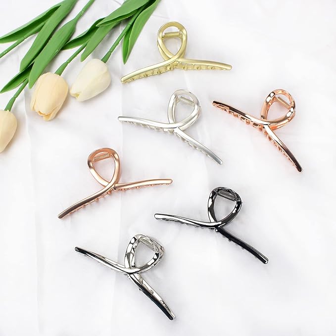 Hair Claw Big Shark Hair Barrette Clamps - Strong Hold Metal Barrettes for Women and Girls, Large Hair Accessories 3 Pcs (Matte Silver, Gold, Rose Gold)