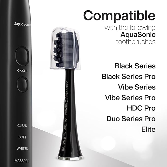 AquaSonic 2-Pack Activated Charcoal Brush Heads - Ultra Whitening Brush Heads - 2X Whitening & Stain Remover - for Black Series, Black Series Pro, Vibe Series, Duo Pro Series (Black)