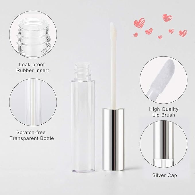 GTHER 10PCS 10ML Empty Lip Gloss Containers Tube with Wand, Refillable Lip Balm Bottles, Lipstick Sample Container and Funnel and Rubber Stoppers for Girls DIY Lip Samples, Silver Top