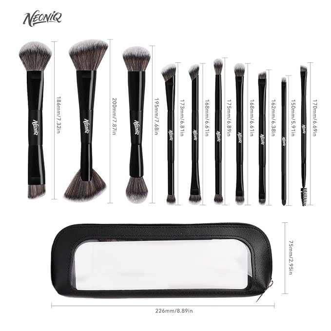 NEONIQ 10 PCS Foundation Contour Conceal Brush Set With Bag, Makeup Brushes, Double-End Multi-functional Brushes for Foundation Powder Blush Eyeliner Eyeshadows, Professional Face Brush Set(Black)