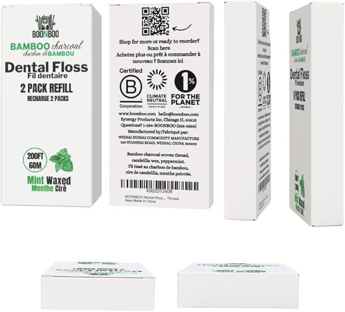 BOONBOO Dental Floss Refill Heads, Charcoal Woven Thread Spools, 2 Pack, 200FT (Mint)