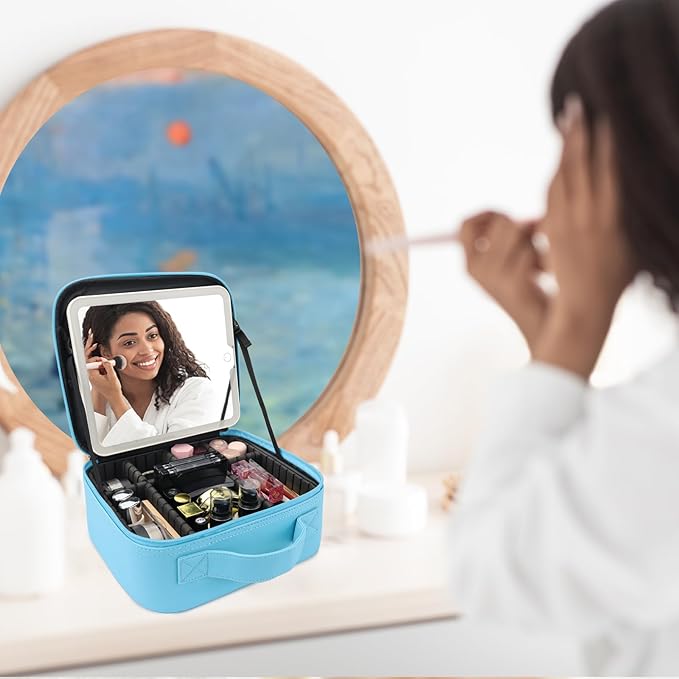 SLUMAZI Travel Makeup Bag with LED Mirror Travel Makeup Organizer with 3 Lighted Settings, Adjustable Dividers and Makeup Brush Storage Bag Blue