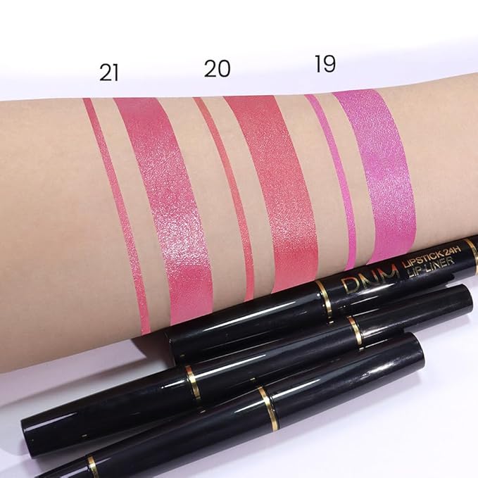 2-in-1 Fuchsia Lip Liner & Lipstick Set Kit for Women, Metallic Lips Kit with Lip Liner Lip Stains Long Lasting Waterproof 24 Hour Lipstick and Lip Liners Combo Lipliners Pencil Set 19