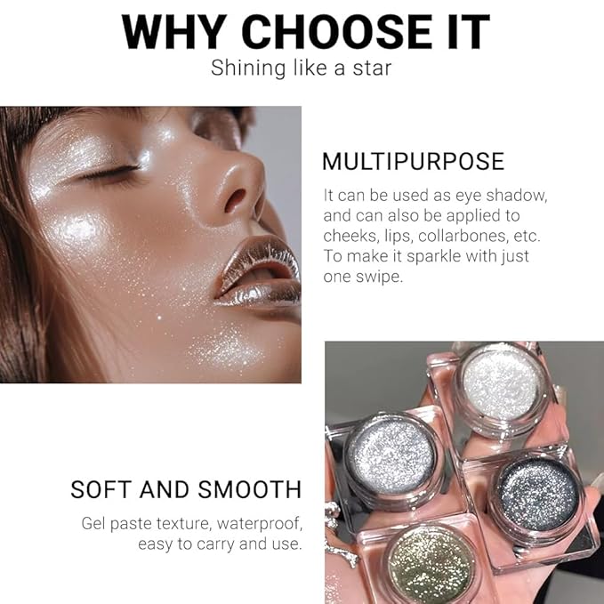 Single Glitter Eyeshadow, Shimmer Eyeshadow Palette, Korean Eye Glitter Makeup, Ultra-Blendable, Sparkle Silver Eye Shadow, Single Shade Metallic Pigmented (Sparkle white)