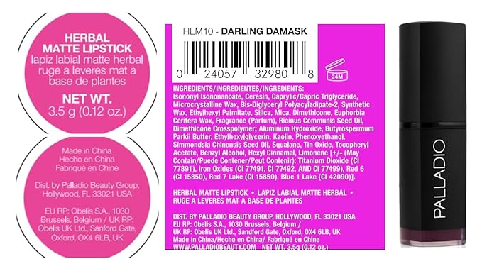 Palladio Herbal Matte Lipstick, Creamy and Full Coverage Long Lasting Matte Lipstick, Darling Damask