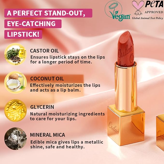 Oulac Glitter Gold Lipstick for Women with Metallic 3D Shine Lightweight Hydrating Formula, High Impact Lip Color, Vegan Beauty, Full Coverage Lip Makeup, Christmas Gifts for Women, Celebration(18)