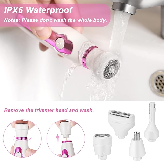 Electric Bikini Trimmer and Shaver for Women - 4 in 1 Waterproof Electric Razor- Rechargeable Pubic Hair Trimmer and Facial Hair Remover for Legs, Body, Underarm, Face, Eyebrow