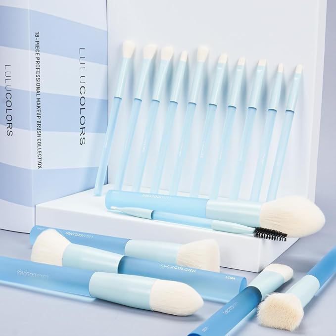 LULUCOLORS 18-Piece Light Blue Professional Makeup Brush Set – Translucent Rubberized Handles, Soft Synthetic Bristles for Face & Eye Makeup – Includes Travel Bag & Sponges,Complete Brush Collection