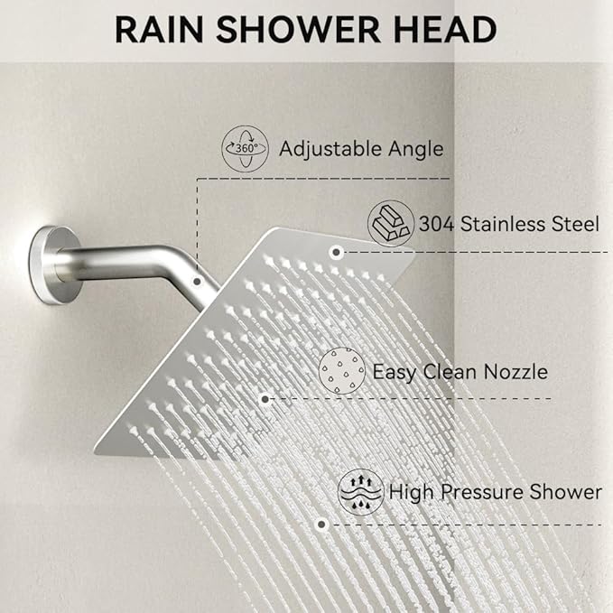 Shower Faucets Sets Brushed Nickel Shower System,12" Ceiling Rainfall Shower and 6" Wall Mount with 2 in 1 Handhled, Can Use All at Once, Thermostatic Shower Set with Valve and Trim Kit