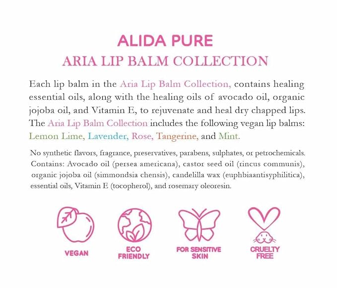 ALIDA PURE Aria Lip Balm Collection, Vegan Set, Beeswax Free, with Organic Jojoba and Avocado Oil, Vitamin E, Natural Moisturizer for Dry, Chapped Lips, 5 Tube Set