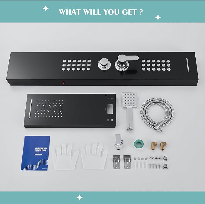 KINKIB LED Shower Panel Tower System Black with Rainfall Waterfall Shower Head, 5-in-1 Shower Tower with Powerful Body Jets, Handheld Shower and Tub Spout, High Pressure Shower Column Stainless Steel