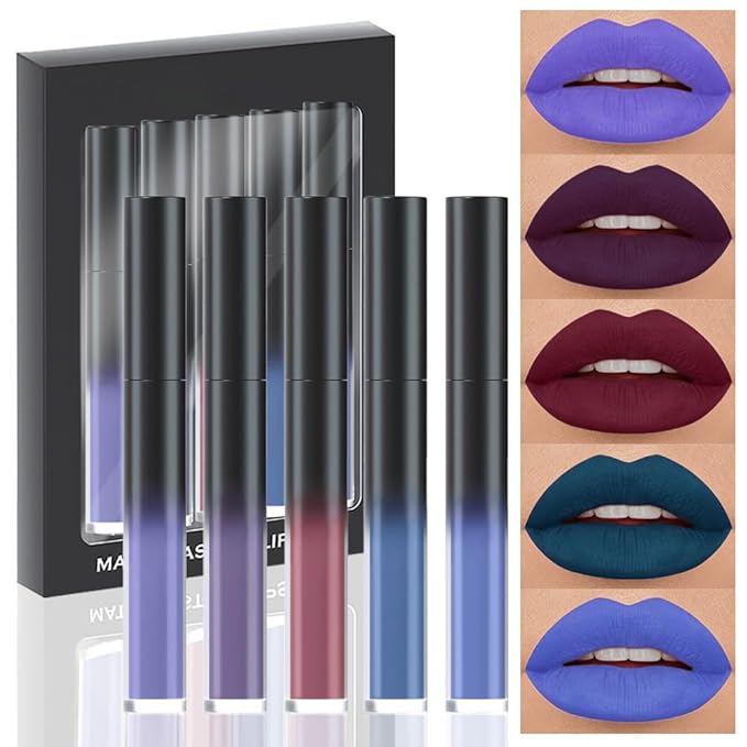 AMY'S DIARY Matte Plum Liquid Lipstick 5Pcs Sets,24-hour Lipstick Deep Purple Red Green Plum blue Lip Stain 24 Smudge Waterproof for Women (Set02)