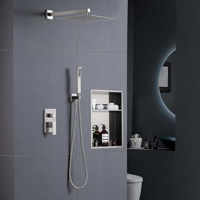 POPFLY Recessed 2-Function Shower System with 10" Square Rainfall Shower Head & High Pressure Handheld Spray – Wall Mounted Shower Faucet Set, Brushed Nickel Trim Kit with Rough-in Brass Valve
