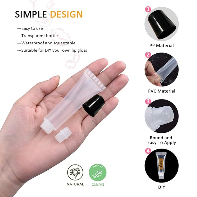 AMORIX 50PCS Lip Gloss Tubes 5ml Black Cap Lip Gloss Containers Empty Lip Balm Tubes Refillable Cosmetic Squeeze Lipgloss Tubes + 2 x 20ml Syringes Tag Labels for DIY Lip Gloss Base Glitter