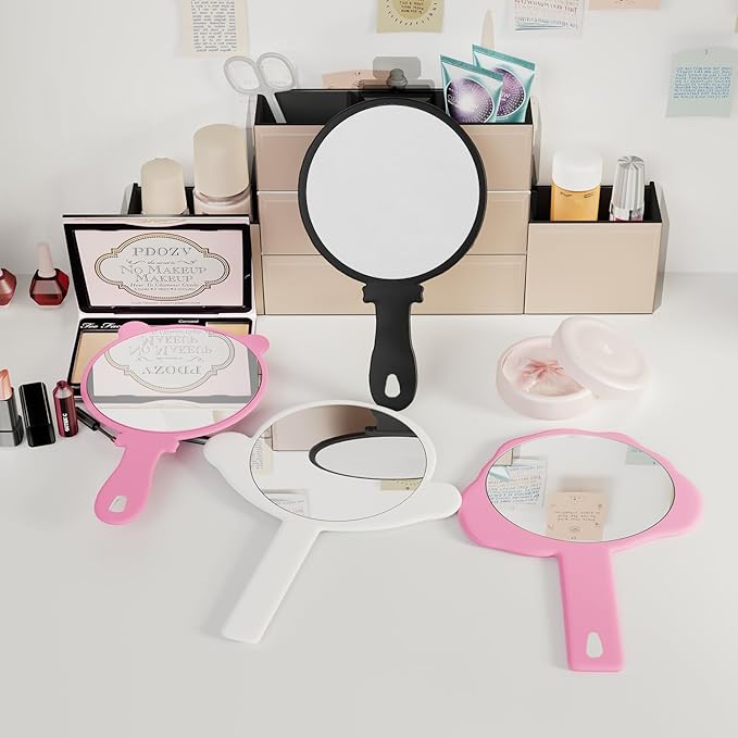 Hand Mirror, 2 Pcs Big + Small Compact Hand Mirrors with Handle, Salon Hairdressing Bathroom Barber & Makeup, Travel, Pocket-Sized Mirror, Hanging, Handheld Mirror (Pink, 7.09" Lx 9.06" W)