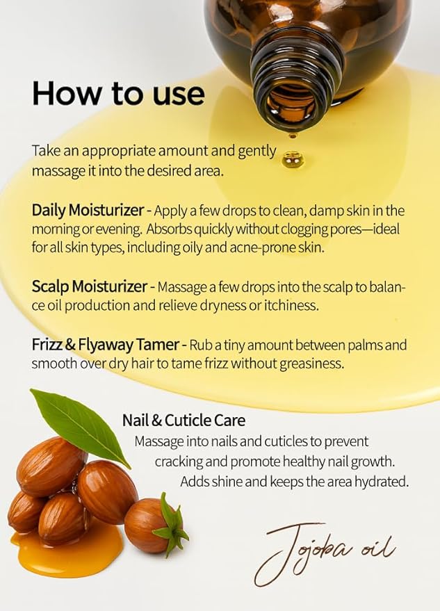 BEAUDIANI Organic jojoba Oil 100ml (3.38 fl.oz) 100% Pure Organic Natural Golden Oil, Cold Pressed Virgin, Vitamin E Oil, Moisturizer for Skin, face, Body, Hair, Nail, Israel Origin