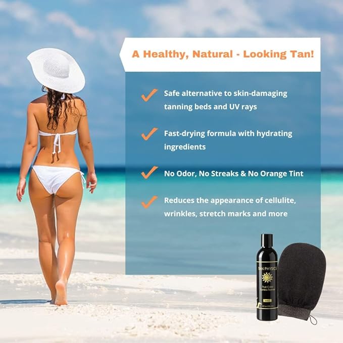 Tan Physics Self Tanner, 8 Fl oz with Exfoliation Mitt by Quest Skin Care - Tan Physics True Color Sunless Tanner - Tan Physics Sunless Tanner - Self Tanners Best sellers - Quick Tan & Sunless Tan
