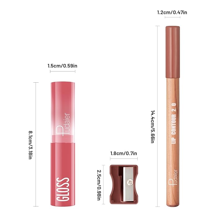 2Pcs Lipstick and Lip Liner Combo, Lip Liner and Lip Gloss Kit for Women, Matte Lip Pencil and Smooth Hydrating Lipstick with Sharpener, Non-Stick Lip Makeup Set