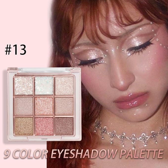 9 Colors Glitter Eyeshadow Palette Naturing-Looking Women Girls Eye Shadow,Pink White Gold Glitter Shimmer Sparkly Eye Shadow Palette Makeup,Warm Pastel Eyeshadows Palette Long Lasting Waterproof