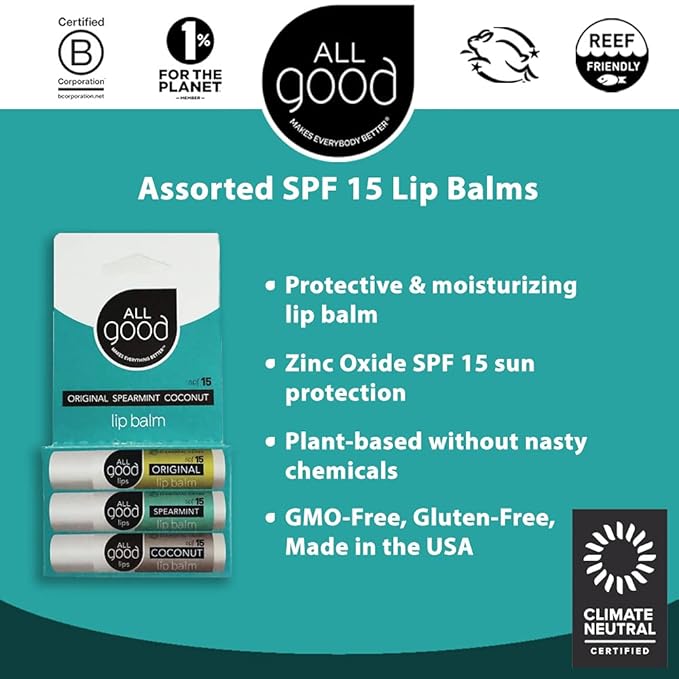 All Good Organic SPF15 Lip Balm - Hydrating Lip Care with Olive Oil, Beeswax, Calendula, Lavender, Vitamin E - Lip Moisturizer with Zinc Oxide Protection - Original, Spearmint & Coconut (9-pack)