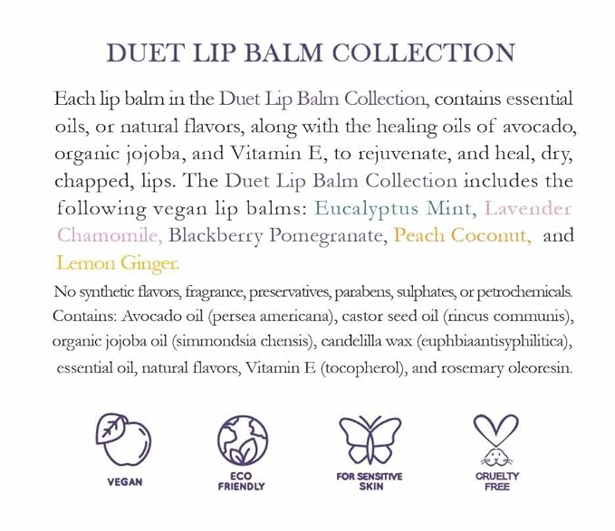 ALIDA PURE Duet Lip Balm Collection, Vegan Set, Beeswax Free, with Organic Jojoba, and Avocado Oil, Vitamin E, Natural Moisturizer for Dry, Chapped Lips, 5 Tube Set