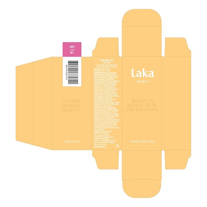 Laka Fruity Glam Tint, 4.5g/0.15oz, Glowing Lip Stain with Wide Color Spectrum, Hydrating & Lightweight Texture, Buildable Color, Non-Sticky, Vegan, K-Beauty (#105 Cold)