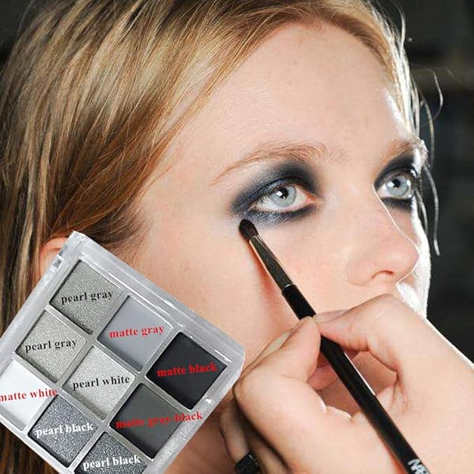 Black Smokey Eyeshadow Palette, 9 Colors Black Silver Gray White Goth Eyeshadow Makeup Palette, Waterproof Cool Toned Matte Glitter Eyeshadow Palette Sombras De Ojos Profesional