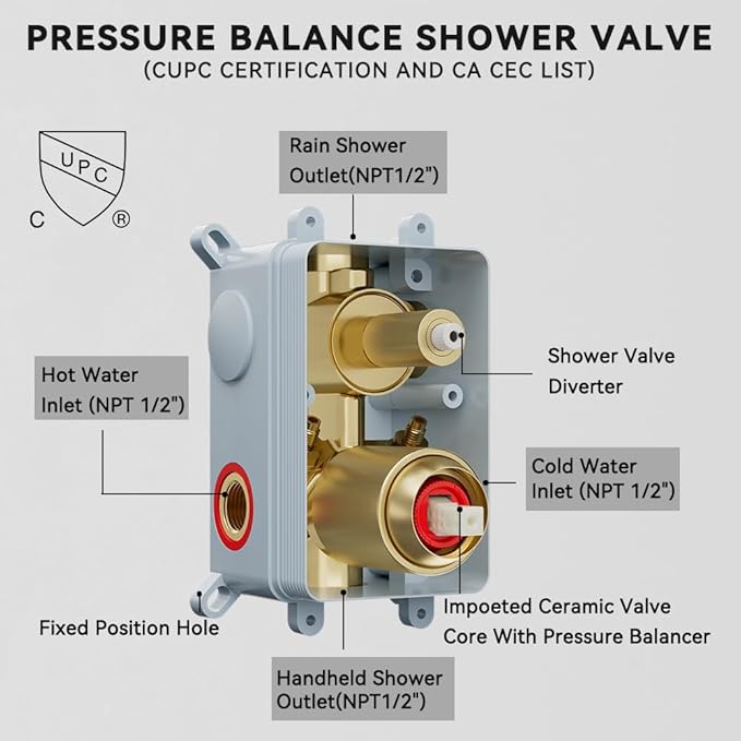 Shower Faucet Set Brushed Gold Shower System, Starbath 12" Rain Shower Head and Handheld Spray Shower Set Complete Wall Mounted,2 Way Pressure Balance Shower Valve and Trim Kit Included