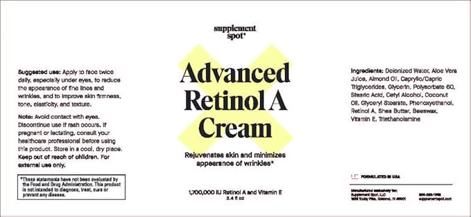 Supplement Spot Advanced Retinol A Cream - Moisturizer w/Vitamin E, Coconut & Almond Oil- Retinol Daily Anti-Aging Cream for Face – for Smoother Looking Skin (3.4 oz)