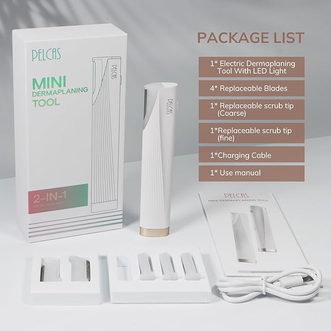 PELCAS Electric Dermaplaning Tool for Face with LED Light, Mini Facial Dermaplaning Razor Kit, Painless 3 Speeds Facial Peach Fuzz & Hair Removal At Home for Women with 6 Blades Off White