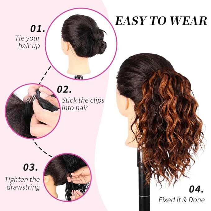 Short Deep Wave Drawstring Ponytail for Women 10 Inch Medium Brown Mixed Light Auburn Curly Hair Extension Deep Curly Wave Hair Pony Tails Hair Extensions for Daily Use (P4/30)