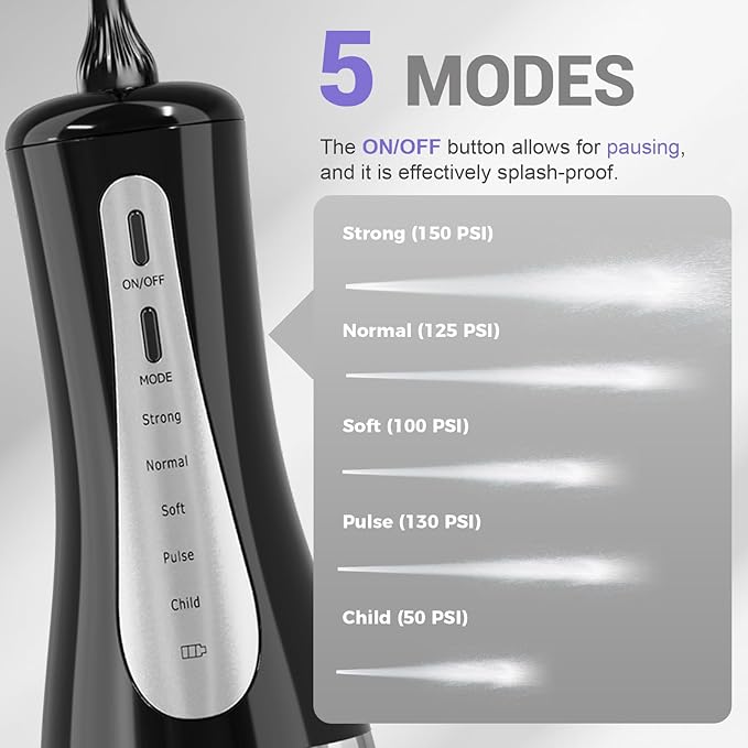 GOLDANT 350ML Water Flosser with Drainage & Storage Stand, Keeps Dry & Clean, 5 Modes, 360°Nozzle, Cordless Rechargeable, IPX7 Waterproof, Portable for Home & Travel (Black)
