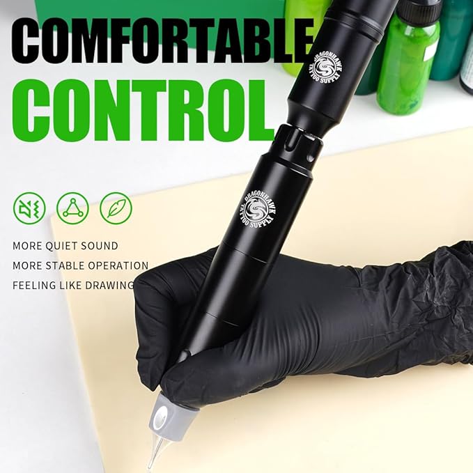 Dragonhawk Wireless Tattoo Kit, S12 Rotary Tattoo Pen Machine Gun, 2 Replaceble Batteries for Long Run Time, Tattoo Kit for Beginner Play & Learn