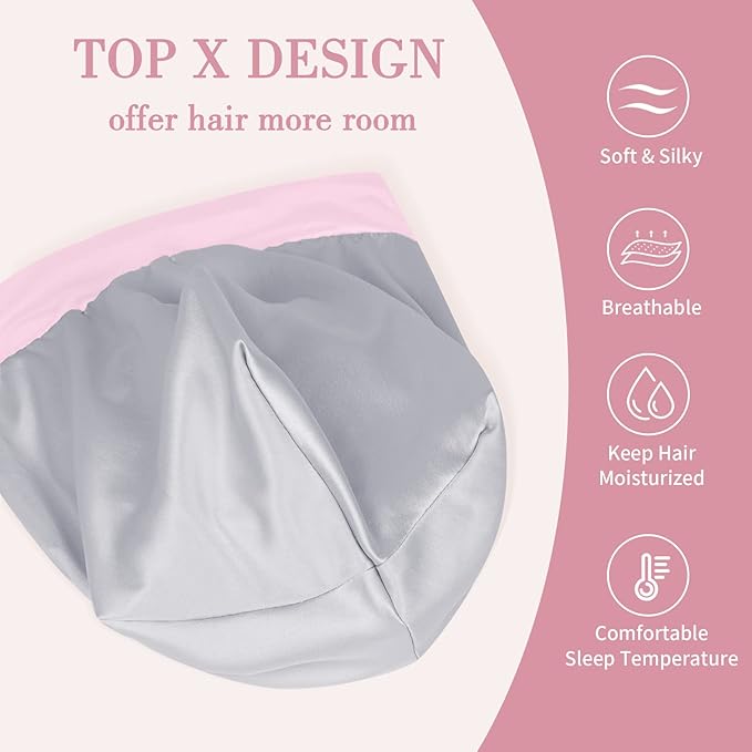 Fittia Satin Hair Bonnet for Sleeping, Silky No Frizzy for Curls Care, Adjustable Strap for Non-Slip, Dreadlocks Cap for Women&Men Pink