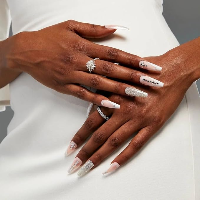 KISS Premium Classy Fake Nails French Manicure Set with Jeweled Rhinestone Nail Art Accents, Style 'Sophisticated', with Pink Gel Nail GLue & 30 Glue-On Nails (Pack of 1)