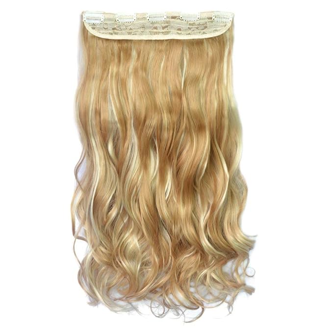REECHO 20" 1-Pack 3/4 Full Head Curly Wave Blonde Mixed Hair Color Clips in on Synthetic Hair Extensions HE008 Hairpieces for Women 5 Clips 4.5 Oz per Piece - Medium Blonde with Highlights