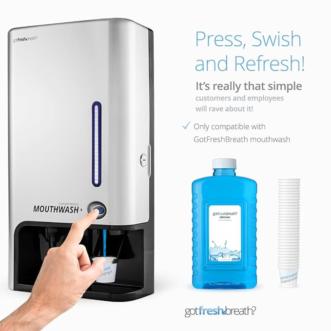 GotFreshBreath Commercial Mouthwash Dispenser with Cup Holder – Standing or Wall-Mounted, Slim, Commercial Mouthwash Dispenser with 100 Cups & 50 Oz. Alcohol-Free Mouthwash (Nickel)…