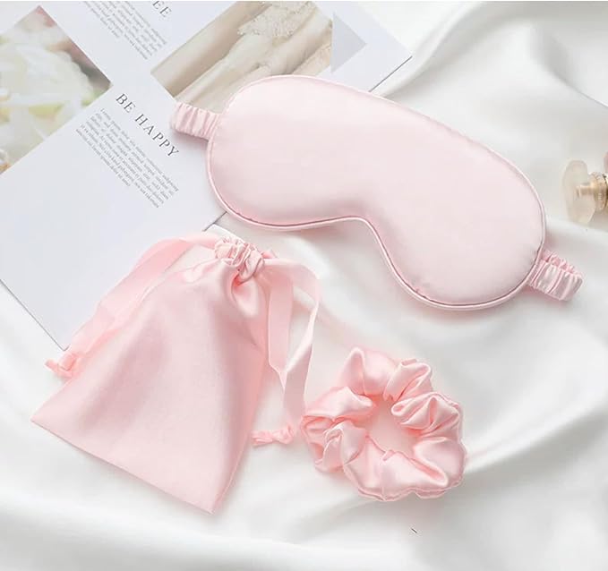 LCBD Silk Satin Sleeping Eye Mask, Pink Sleep Eye Mask Night Blindfold for Women and Men, Soft Breathable Blackout Eyeshade Eye Cover for Travel, Wedding Bridesmaid Gift