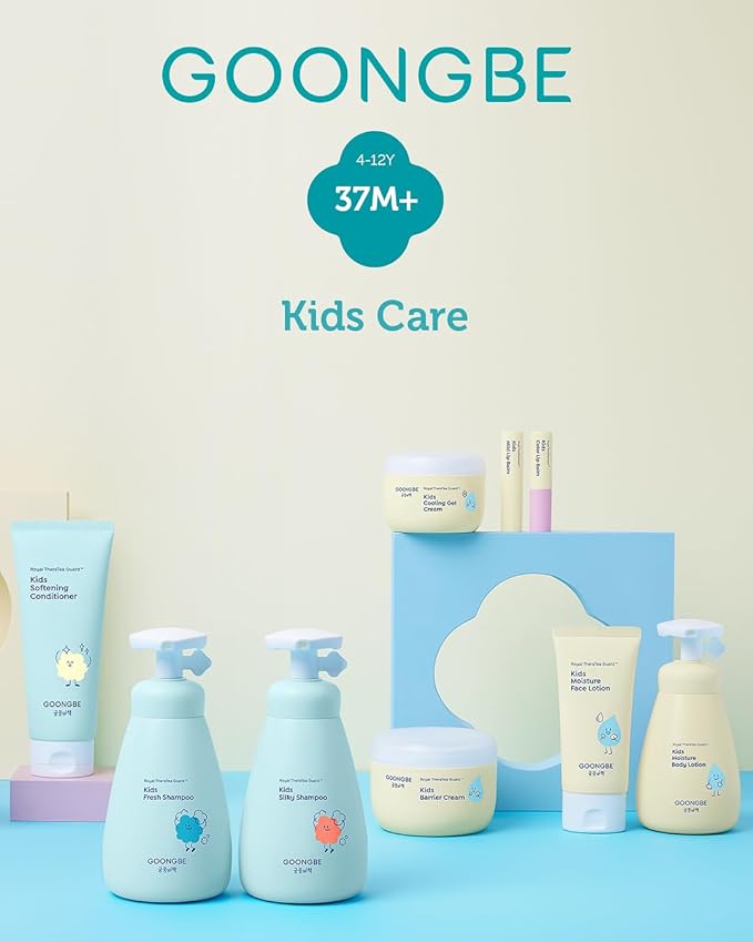 GOONGBE Kids Trial Travel Kit - Korean Low pH Skincare Set with Silky Shampoo, Body Wash, Facial Cleanser & Body Lotion - Silicone-Free Formula for Sensitive Skin, 1.01 fl.oz. each