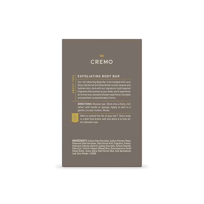 Cremo Exfoliating Body Bar for Men, Vintage Suede Scent, Multi-Layered Fragrance That Buffs, Cleanses and Hydrates Skin, 5oz