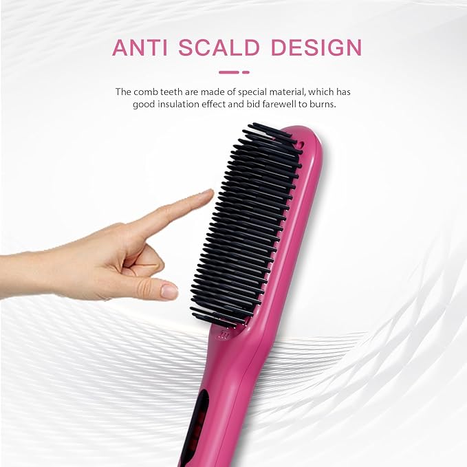 MEGAWISE Pro Ceramic Ionic Hair Straightener Brush, Universal Dual Voltage, Rotatable Power Cord, MCH Fast 20s Heating Tech, Anti-Scald, Auto-Off Safety, Home Salon (Rose Red)