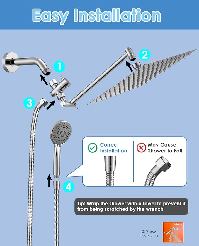 Jafeton High Pressure Rainfall Shower Head with Handheld Spray Combo β 5 Spray Modes, 10" Rain Shower, Anti-Clog Nozzles, Rust-Resistant Chrome Plating & Brass, Flexible Extension Arm