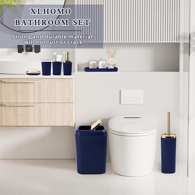 XLHOMO Navy Blue Bathroom Accessories, 24 Pieces Blue and Gold Bathroom Accessories Set with Shower Curtain, Bath Towels, Trash Can, Soap Dispenser and Soap Dish for Bathroom/Housewarming