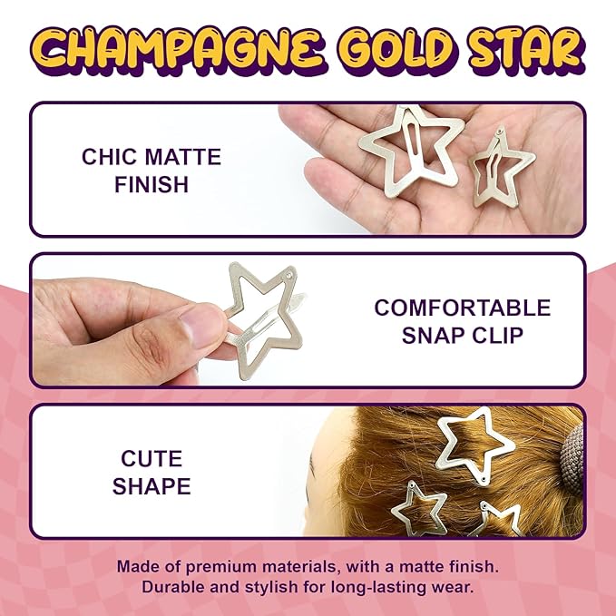 Gold Star Hair Clips, 1.22" and 1.61" Accessories for Girls Women, Metal Barrettes Little Stars Snap Clips Non Slip for Thick Thin Hair 40pcs (Matte Champagne)