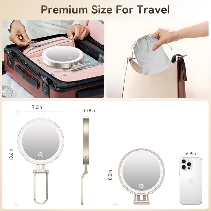 Travel Makeup Mirror with Lights,3000mAh Rechargeable 1X/20X Magnifying Mirror with Light, 7" Portable Lighted Beauty Mirror, Make Up Mirrors with 3 Light Colors, Dimmable Tabletop Handhold Hanging(N)