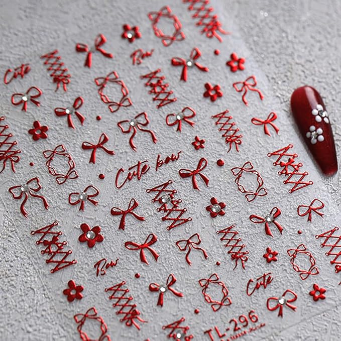 Bow Nail Art Sticker Self-Adhesive Red Flowers Bows with Nails Rhinestones Nail Decals Design Valentine Bow Nail Sticker DIY Manicure Acrylic Nails Decoration Accessories for Women