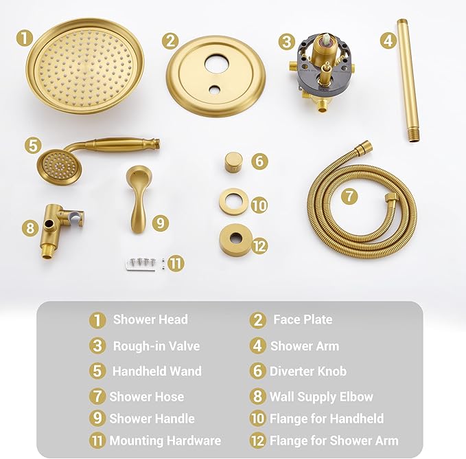 DASAN Brushed Gold Rain Shower System Complete Antique Shower Faucet Sets, Brushed Gold Shower Fixtures Combo with Pressure Balance Valve, Trim Kit, 9’’ Rainfall Overhead Shower & Handheld, AT209C-BTG